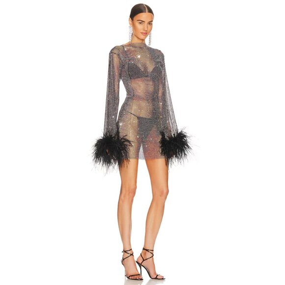 Santa Brands Black Rhinestone Ostrich Feather Mini Dress - Picture 7 of 11